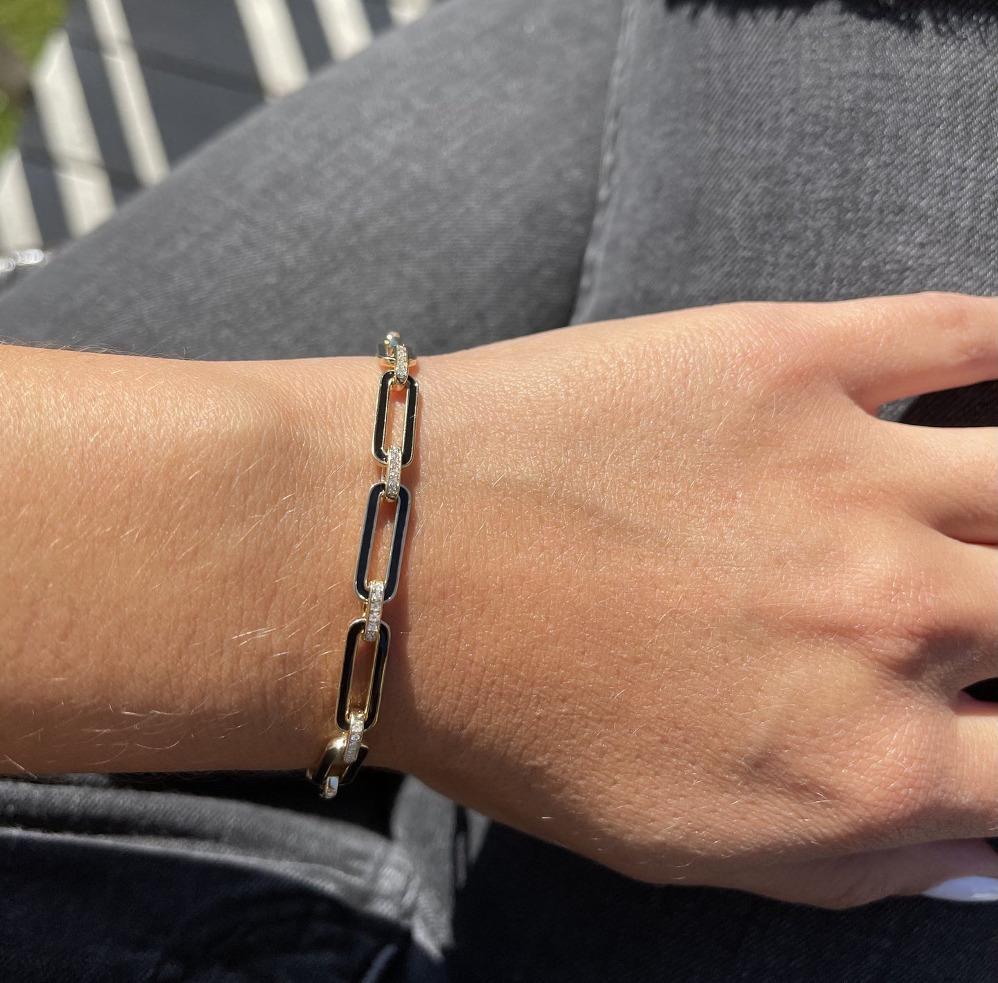 Black Enamel and Diamond Link Bracelet